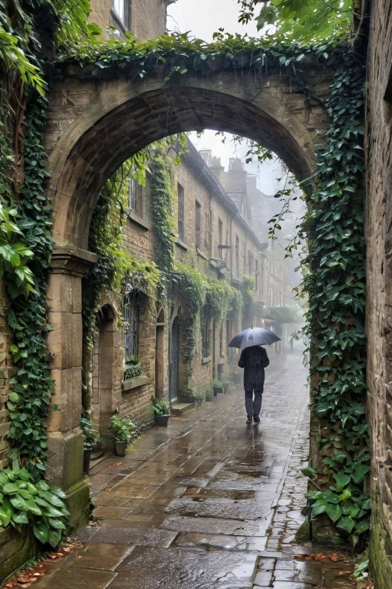 A majestic scene unfolds: within the frame, an ancient ivy-covered archway dominates the cobbled street's worn stones, raindrops glistening on its leaves like tiny diamonds. The late afternoon sun casts a diffuse glow, softly illuminating the Edwardian-era pedestrians, each clutching a sturdy umbrella as they hasten through the downpour.