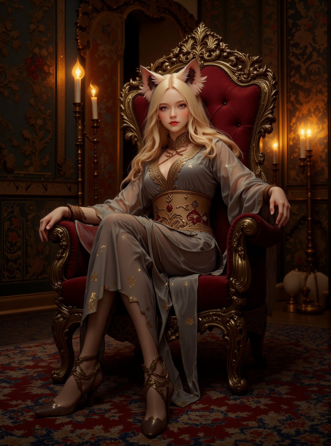 In the warm glow of candlelight,  a ravishing zaftig blond-haired young woman with feline cat ears and piercing pale blue...