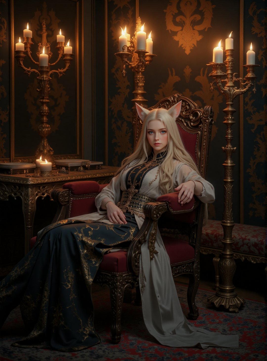 A majestic zaftig blond-haired young woman with feline cat-ears and radiant pale blue eyes sits alluringly as an houri,  i...