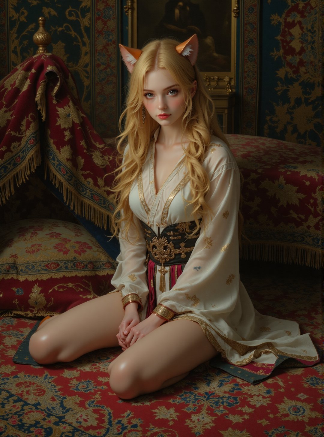Oil painting fully in the style of Benjamin West. Full_body_shot. Beautiful blond haired young woman with cat_ears and pal...