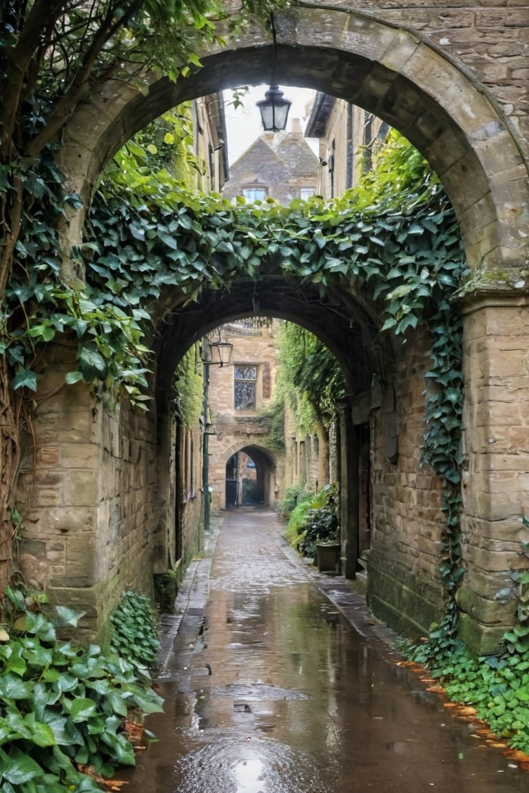 A majestic scene unfolds: within the frame, an ancient ivy-covered archway dominates the cobbled street's worn stones, raindrops glistening on its leaves like tiny diamonds. The late afternoon sun casts a diffuse glow, softly illuminating the Edwardian-era pedestrians, each clutching a sturdy umbrella as they hasten through the downpour.