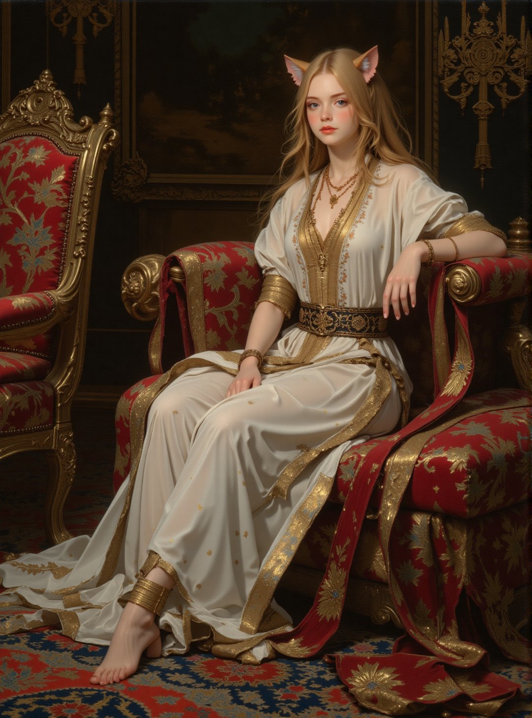 Oil painting fully in the style of Benjamin West. Full_body_shot. Beautiful zaftig blond haired young woman with cat_ears...