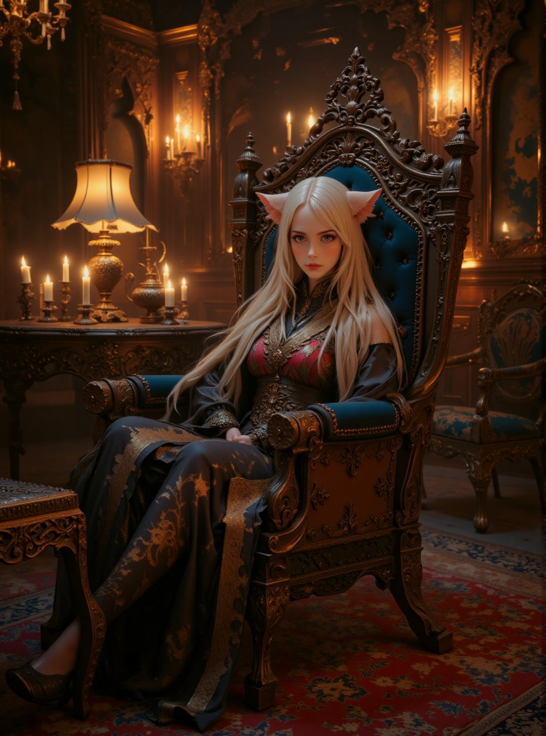 In the warm glow of candlelight,  a ravishing zaftig blond-haired young woman with feline cat ears and piercing pale blue...
