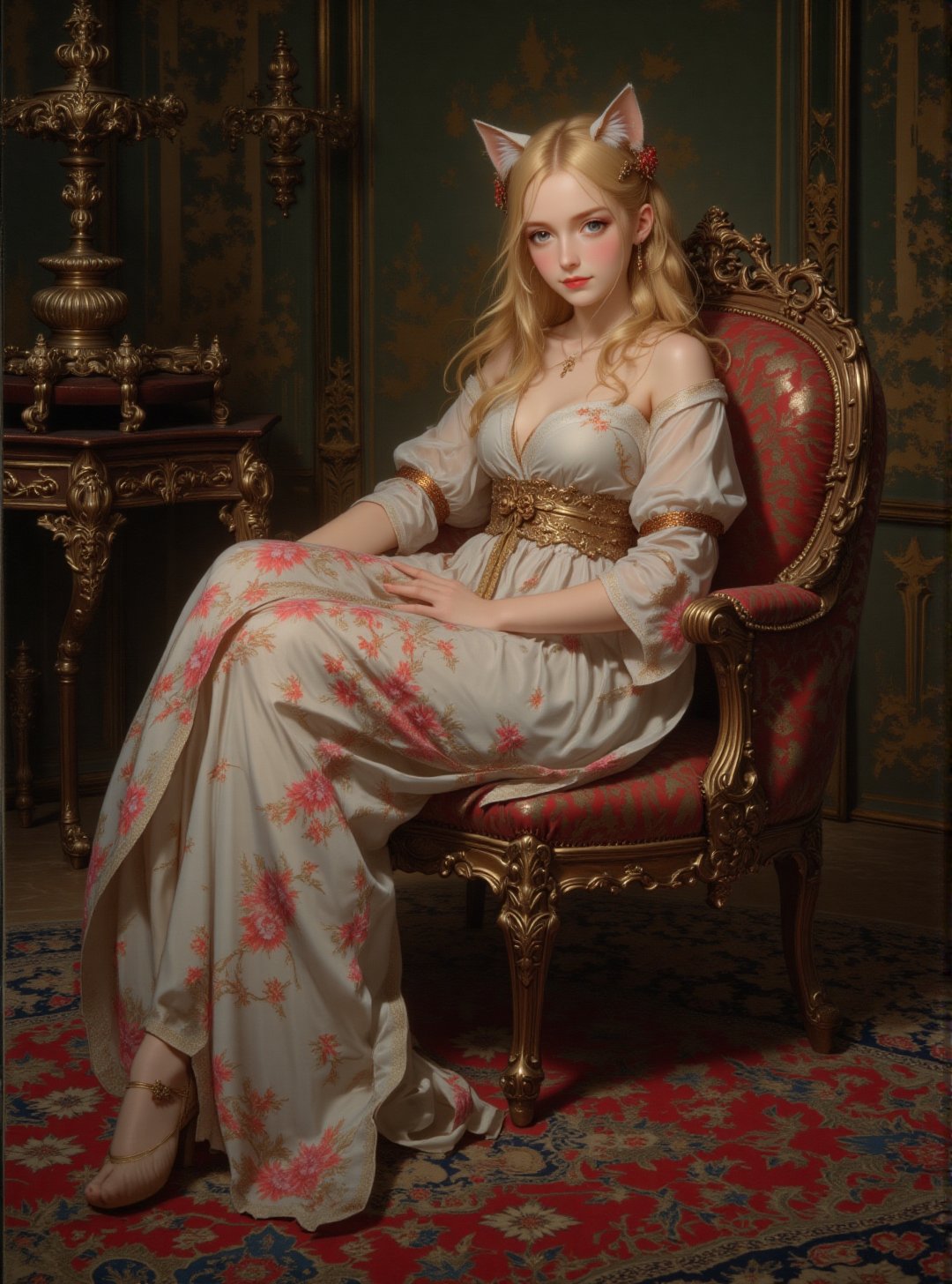 Oil painting fully in the style of Benjamin West. Full_body_shot. Beautiful zaftig blond haired young woman with cat_ears...