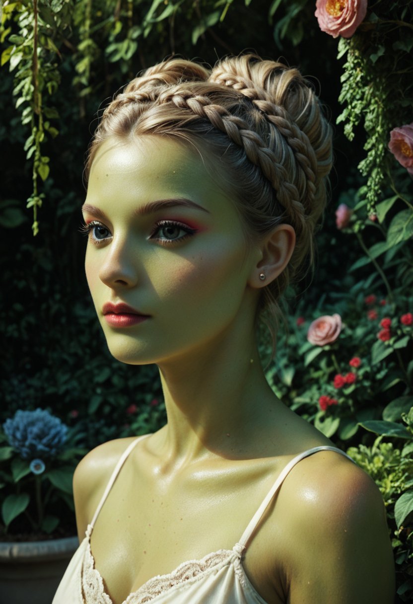 score_9, score_8_up, score_7_up, BREAK, beatiful female creature, garden, intricate, princess, portrait, highly detailed, detailed skin, alien planet, film grain