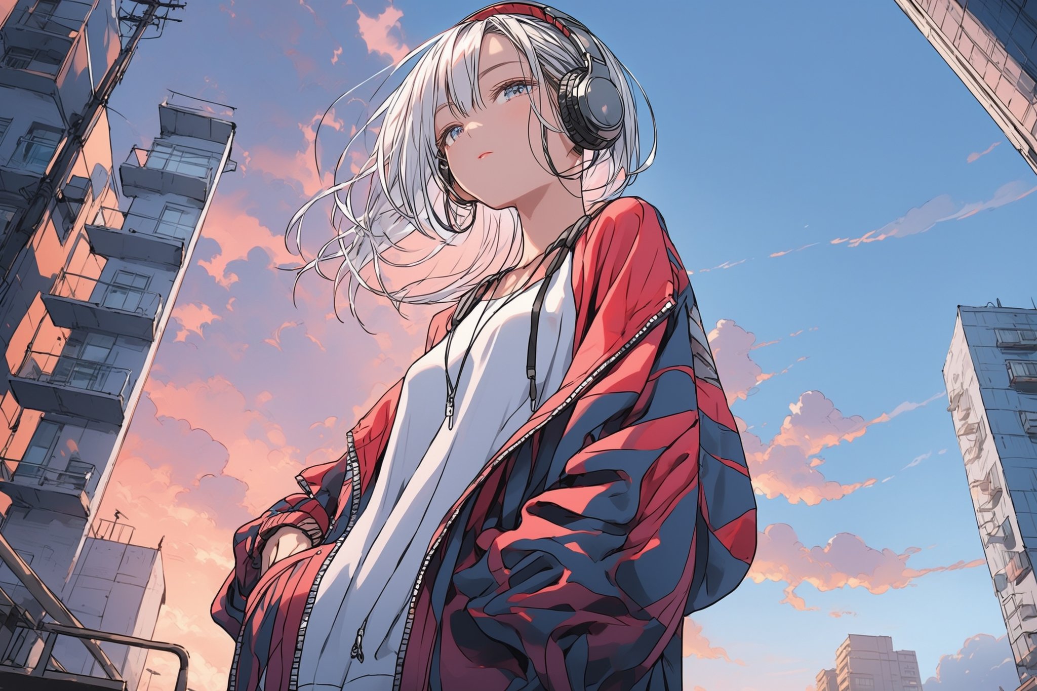 high details, high quality, beautiful, awesome, ,  background sky sunset, urban picture tokio, urban woman moe cat girl anime, from below, looking floor, semi close eyes, fashion clothing, white hair, with headphones in head, urban pose, shadow details, epic draw, nice style