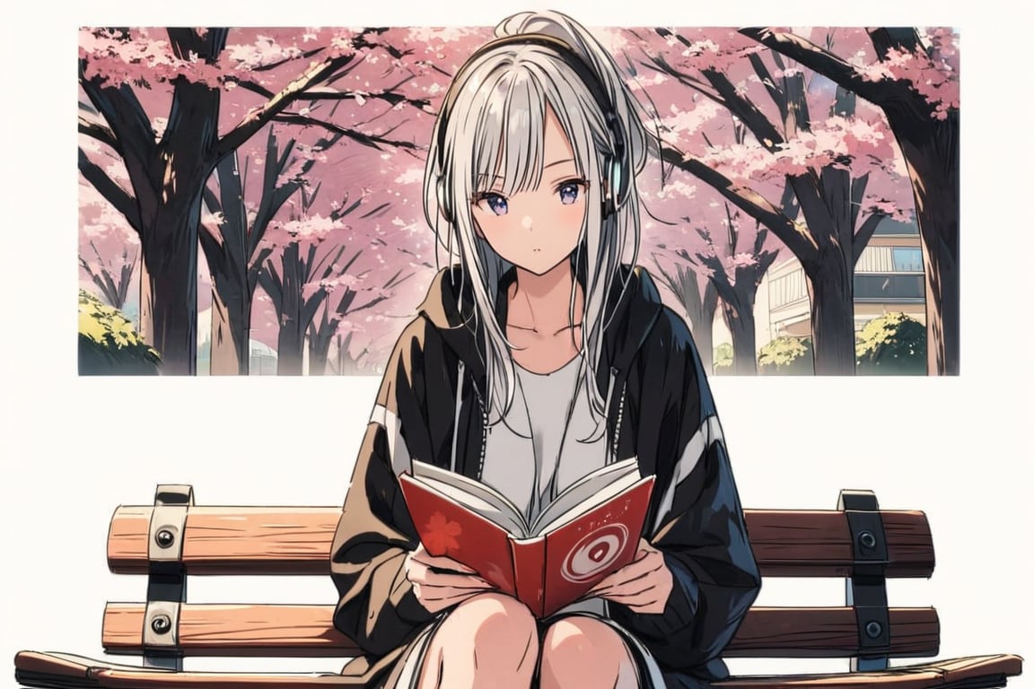 high details, high quality, awesome, beautiful, aesthetic, tokio park, afternoon, sitting on a bench, candida photo , beautiful anime woman, alone, concentrated, listen music, reading a book, fashion clothing, white hair, with headphones, sakura tree background, shadow details.