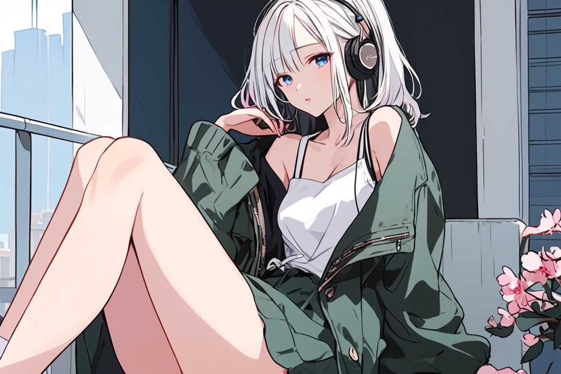  IbukiMio,txznf, High details, high quality, masterpiece, beatuiful, (
model magazine scene), cinematic urban, sexy serius woman, alone, eyes warm, extra details eyes, listen music, moe anime, (sitting, on side pose), (stylized body), (serius face), aesthetic, white hair, (urban clothes, hot, warm, neckline), sakura blossom tokyo, warm tone,lofi vibe
,flat style,txznflat