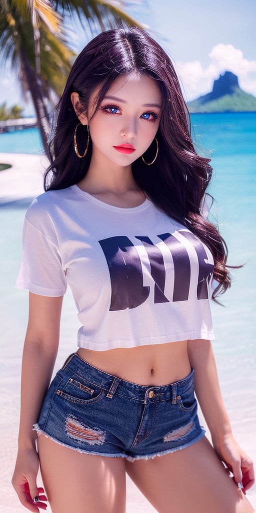 1 girl , solo, Hani, realistic, ((UHD, Highly Detail)), (Intricate Detail:1.3), (Highest Quality:1.3), (Masterpiece:1.3), (Surreal:1.3), {beautiful and detailed eyes}, glossy lips, perfect body, lean body, long legs, Glamor body type, sexy pose, ((a girl wearing oversized tshirts and shorts)), happy smile, ear_rings, at borabora beach resort,sexy pose