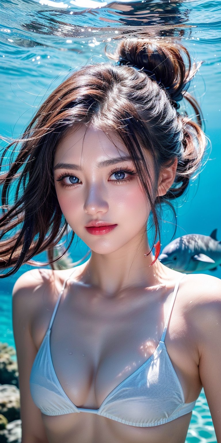 A photorealistic portrait of a 23-year-old Taiwanese woman swimming gracefully in the sea around a vibrant coral reef. She has smooth, sun-kissed skin, and is wearing a white micro-bikini that contrasts against the deep blue of the ocean. Her hair flows freely in the water, moving gently with the currents. The scene is filled with joy and happiness, as she is surrounded by a variety of colorful sea animals like fish, turtles, and perhaps a dolphin in the distance. Bright, warm light streams down from the water’s surface, illuminating her and the coral below, creating a shimmering effect. The overall atmosphere is peaceful and vibrant, capturing the beauty of the underwater world.