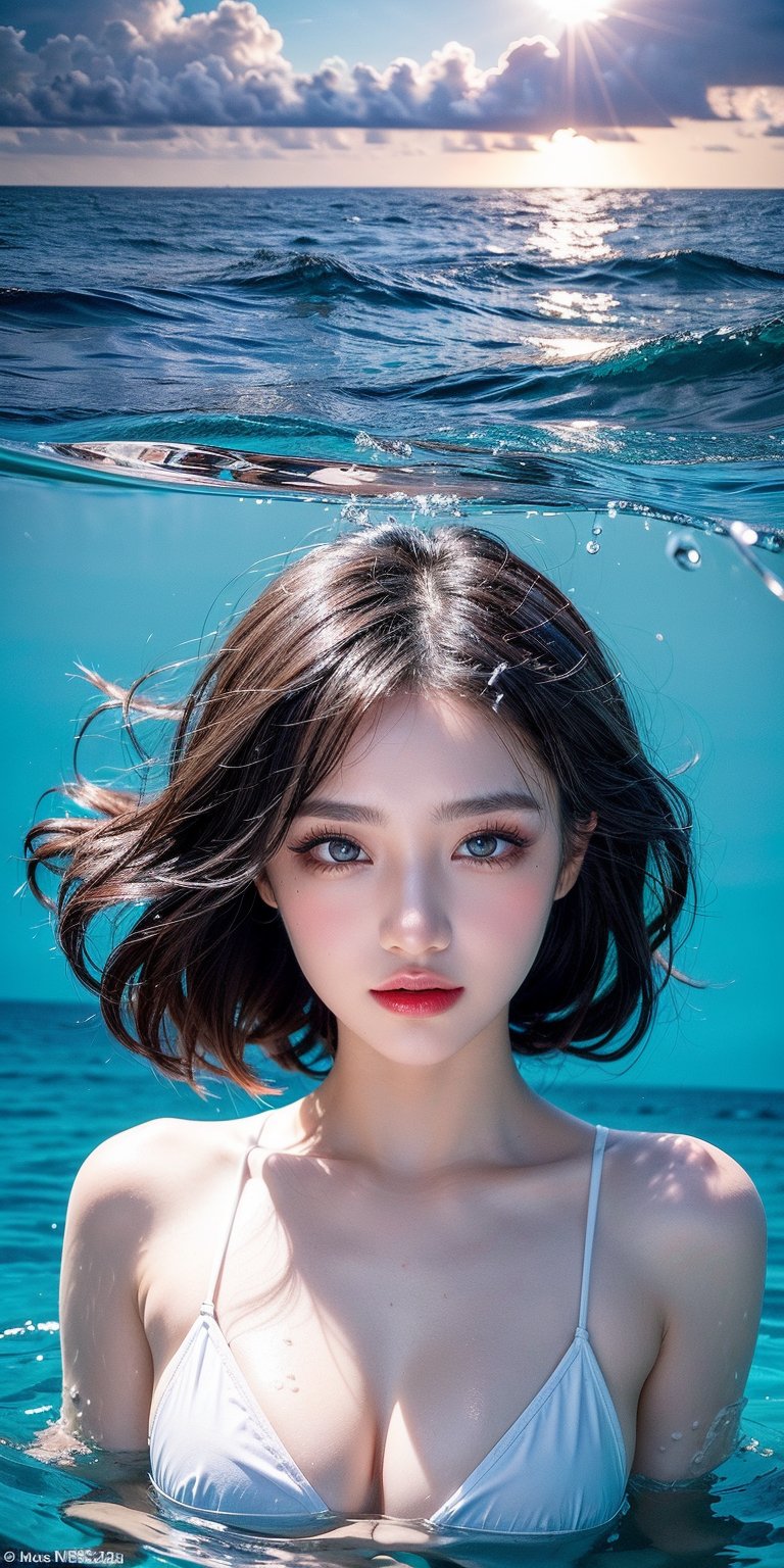 A photorealistic portrait of a 23-year-old Taiwanese woman swimming gracefully in the sea around a vibrant coral reef. She has smooth, sun-kissed skin, and is wearing a white micro-bikini that contrasts against the deep blue of the ocean. Her hair flows freely in the water, moving gently with the currents. The scene is filled with joy and happiness, as she is surrounded by a variety of colorful sea animals like fish, turtles, and perhaps a dolphin in the distance. Bright, warm light streams down from the water’s surface, illuminating her and the coral below, creating a shimmering effect. The overall atmosphere is peaceful and vibrant, capturing the beauty of the underwater world.