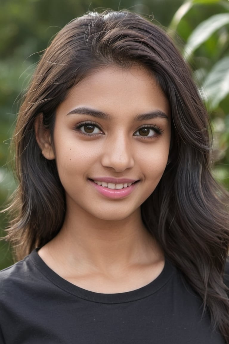 22 year old south-asian girl with beautiful thin, sharp and long face having wavy, dense, long and thick black hairs, light smiling through light pink lips wearing black tshirt with garden in background,Extremely Realistic