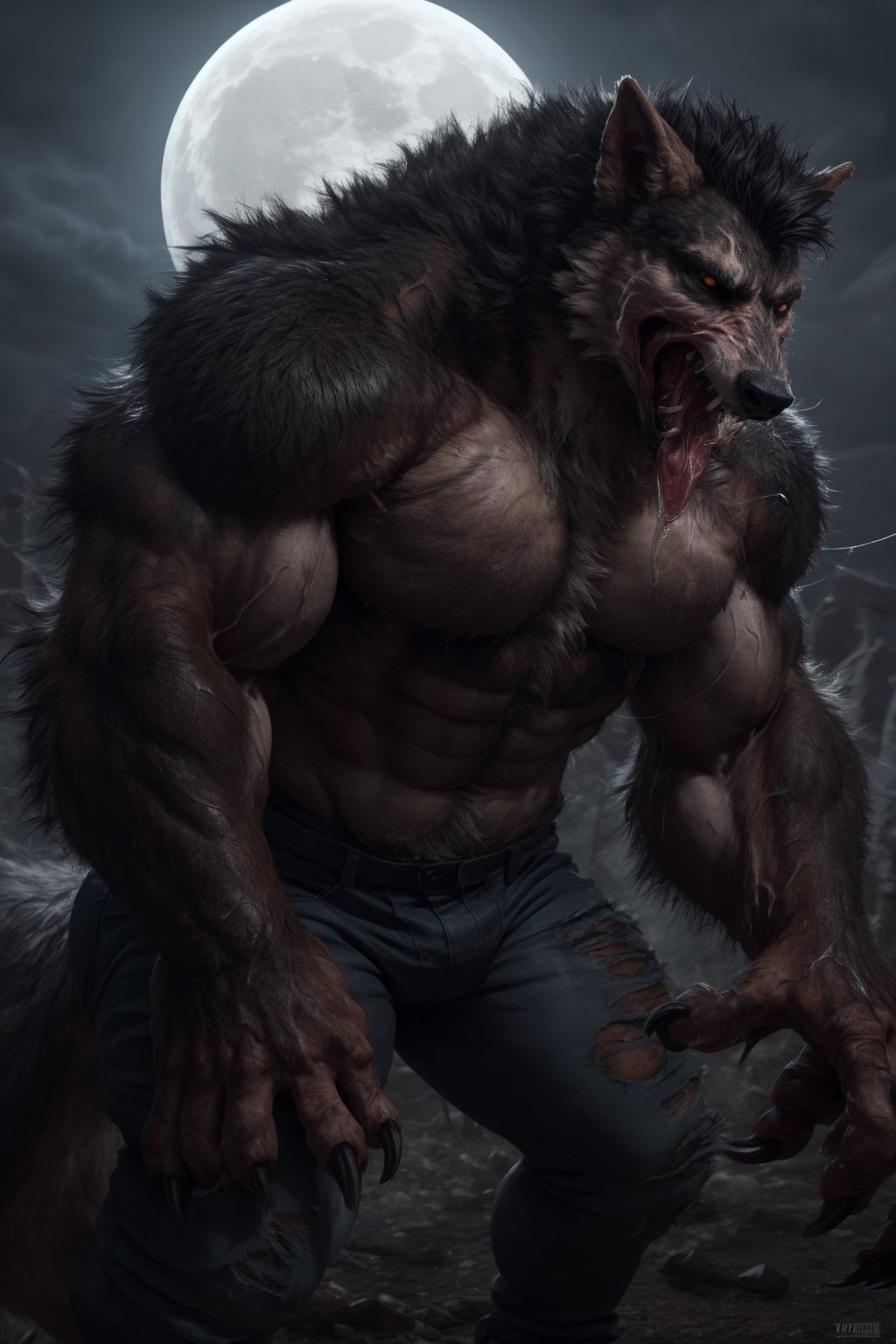 Male, wereshep, (extremely_muscular), (thick_arms), (massive pecs), realistic, (saliva_string), ripped clothing, (mid_transformation), full_moon, large claws, groaning in pain 