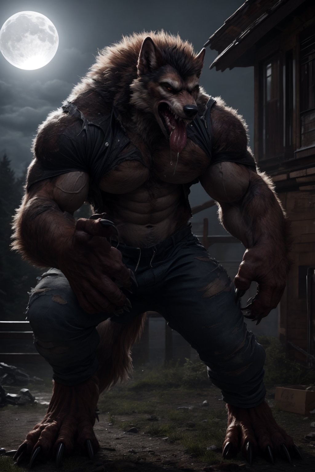 Male, wereshep, (extremely_muscular), (thick_arms), (massive pecs), realistic, saliva_string, (mid_transformation), full_moon, large claws, groaning in pain, werecanine transformation, ripped_clothing 