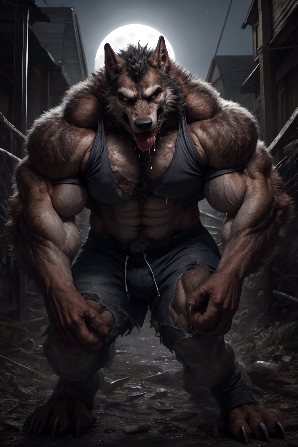 Male, wereshep, (extremely_muscular), (thick_arms), (massive pecs), realistic, saliva_string, (mid_transformation), large claws, full_moon, groaning in pain, ripped_clothing 