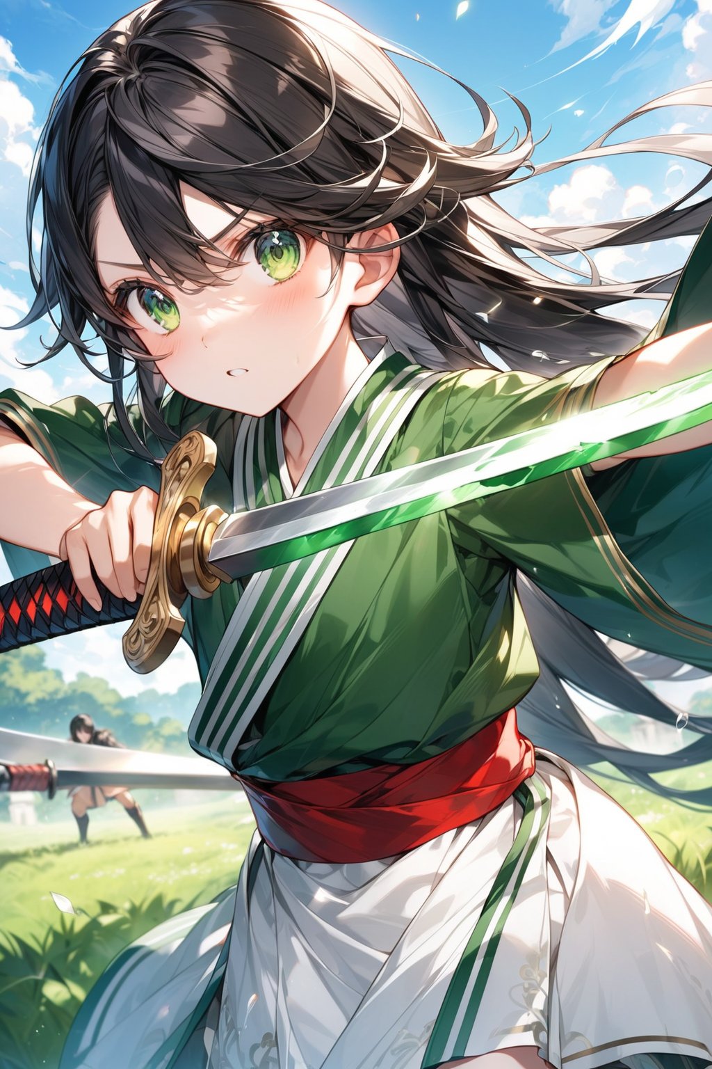 A 12-year-old boy and girl, practicing with swords. 12-year-old girl, super long white hair mixed with pure black, emerald green eyes, torn emerald green clothes, wielding a green-bladed sword. 10-year-old boy, super long pure black hair, black and red eyes, torn black clothes, wielding a red-bladed sword.