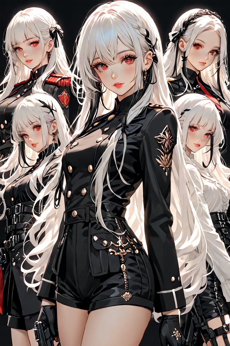 Perfect hands, Beautiful (8 years old girl), (cute), (pretty), (beautiful), dressed in black military clothing, (striking a pose with a small gun), white hair with black locks combined. (Shorts), military clothing, (super long white hair with black locks combined (black and white combined)), red eyes with black combined. (poses with a small gun), perfect hands.