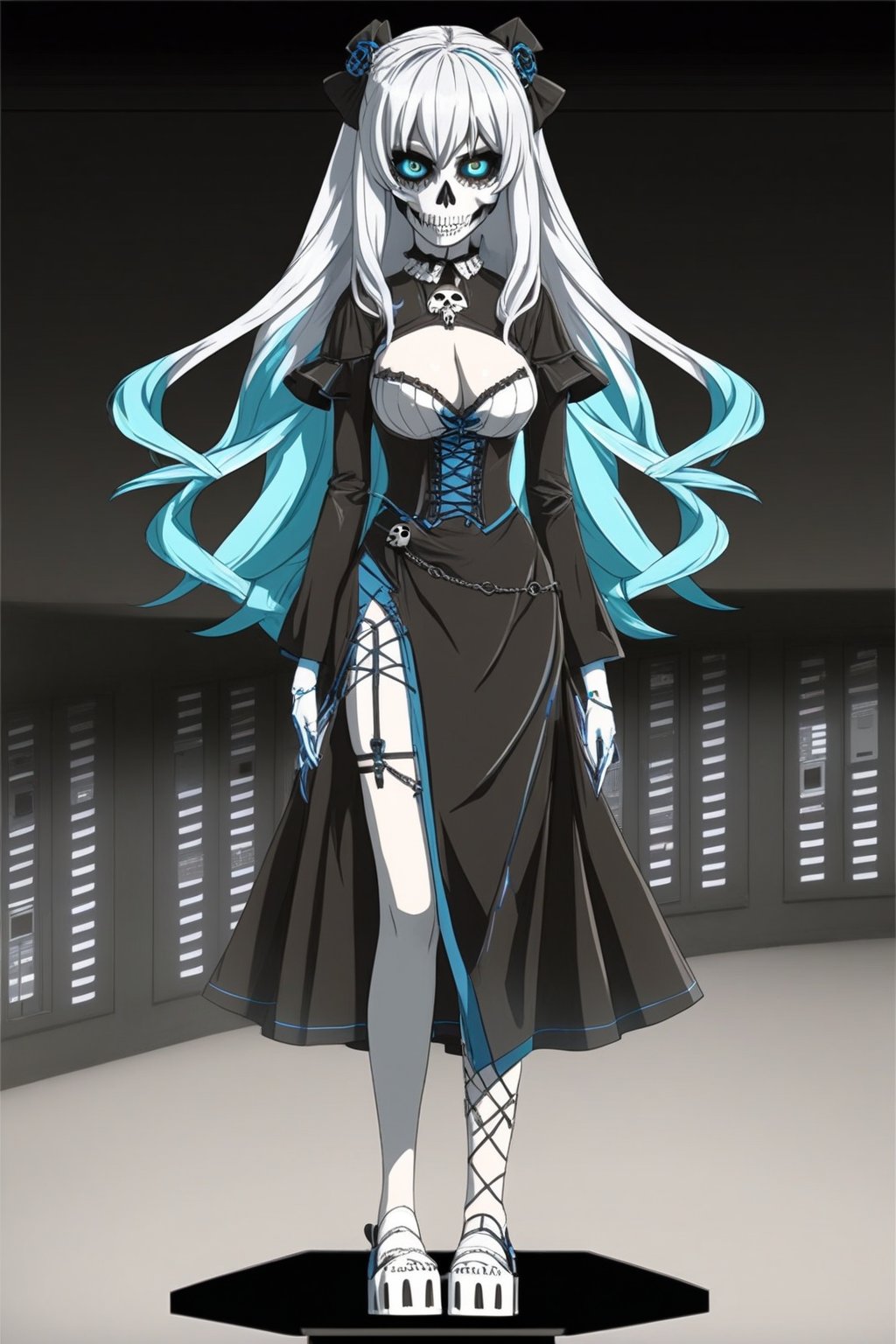 16-year-old girl, white hair, very long hair, with a black facial mask that covers the entire face, the entire face covered, long black robe to the feet, dark background, and white shirt, looking at the viewer, full body 1.40 meters, dark room, and behind it some computers with a dark background.,anime coloring,ruanyi0618,SHARP REALISTIC MODEL ,Hollow,Skull mask