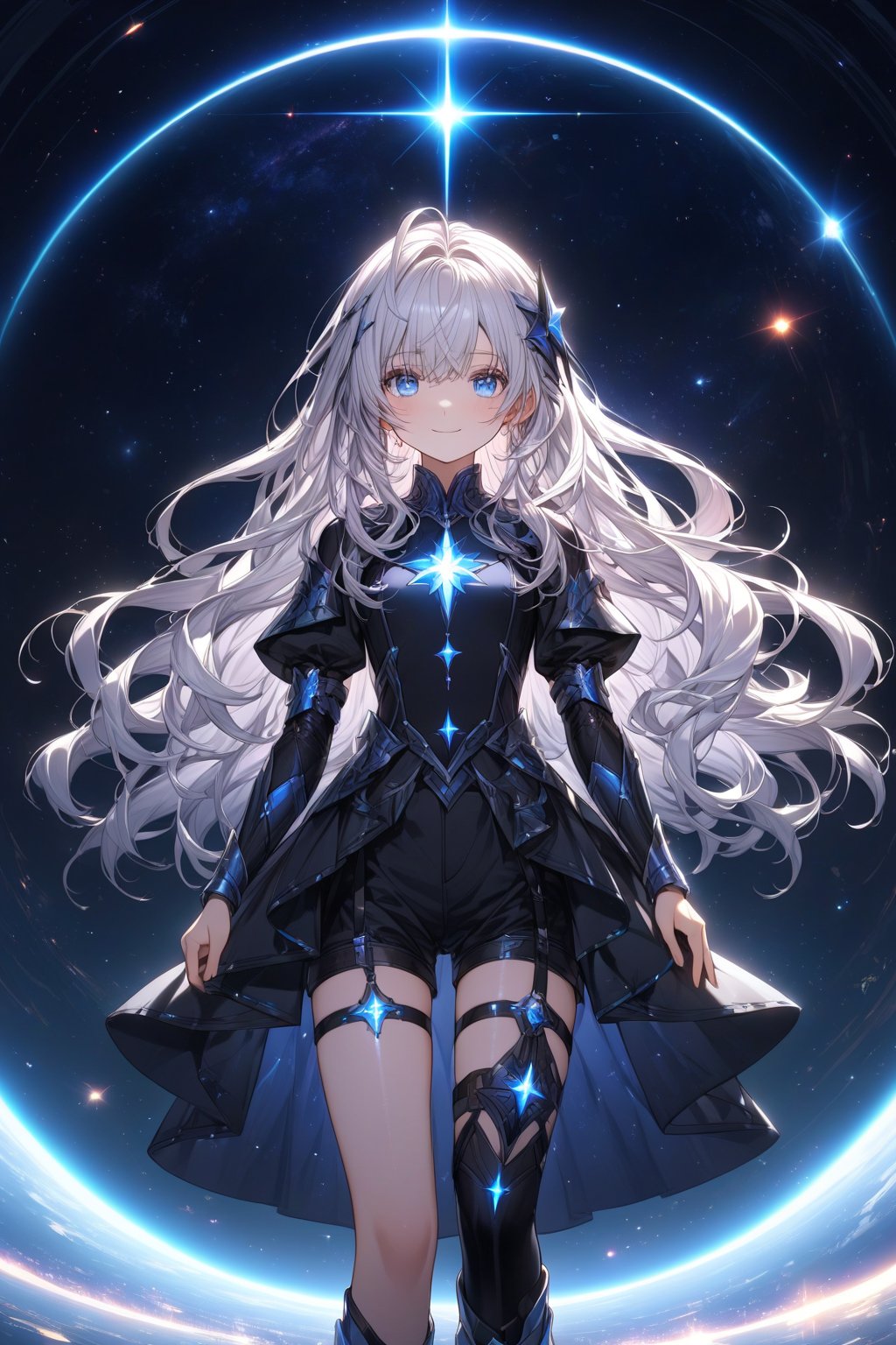 Little girl, very beautiful and very small with luminous hair, half of her hair is white and the other half is super long black with fantasy-like clothes and shorts, with blue eyes like the sky and a smile that would kill anyone with stars Black lines surrounding them and a dark space like a black hole behind her.