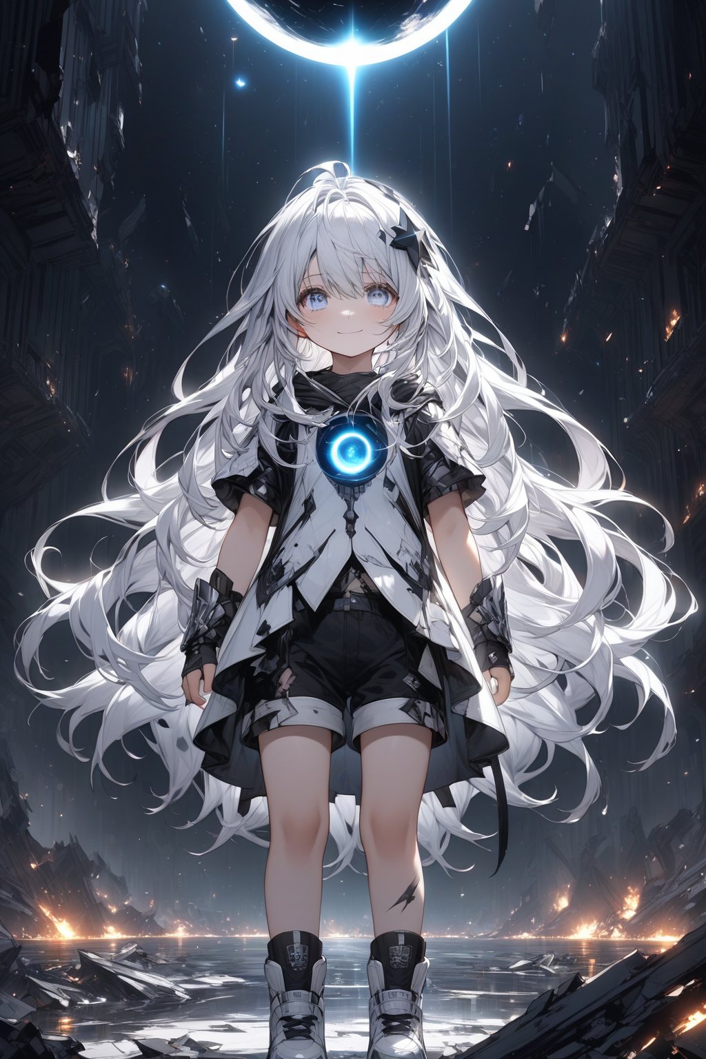 Very beautiful and very small 3-year-old girl with bright hair, super long hair of 2 black and white colors, with fantasy-like clothes and shorts, with black and white eyes like darkness and light, and a smile that would kill anyone with black stars surrounding them in a dark space like a black hole and behind them broken images of destroyed worlds.