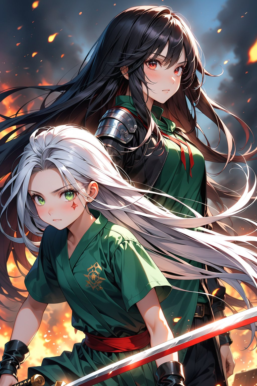 A 12-year-old boy and girl, practicing with swords. 12-year-old girl, super long white hair mixed with pure black, emerald green eyes, torn emerald green clothes, wielding a green-bladed sword. 10-year-old boy, super long pure black hair, black and red eyes, torn black clothes, wielding a red-bladed sword.