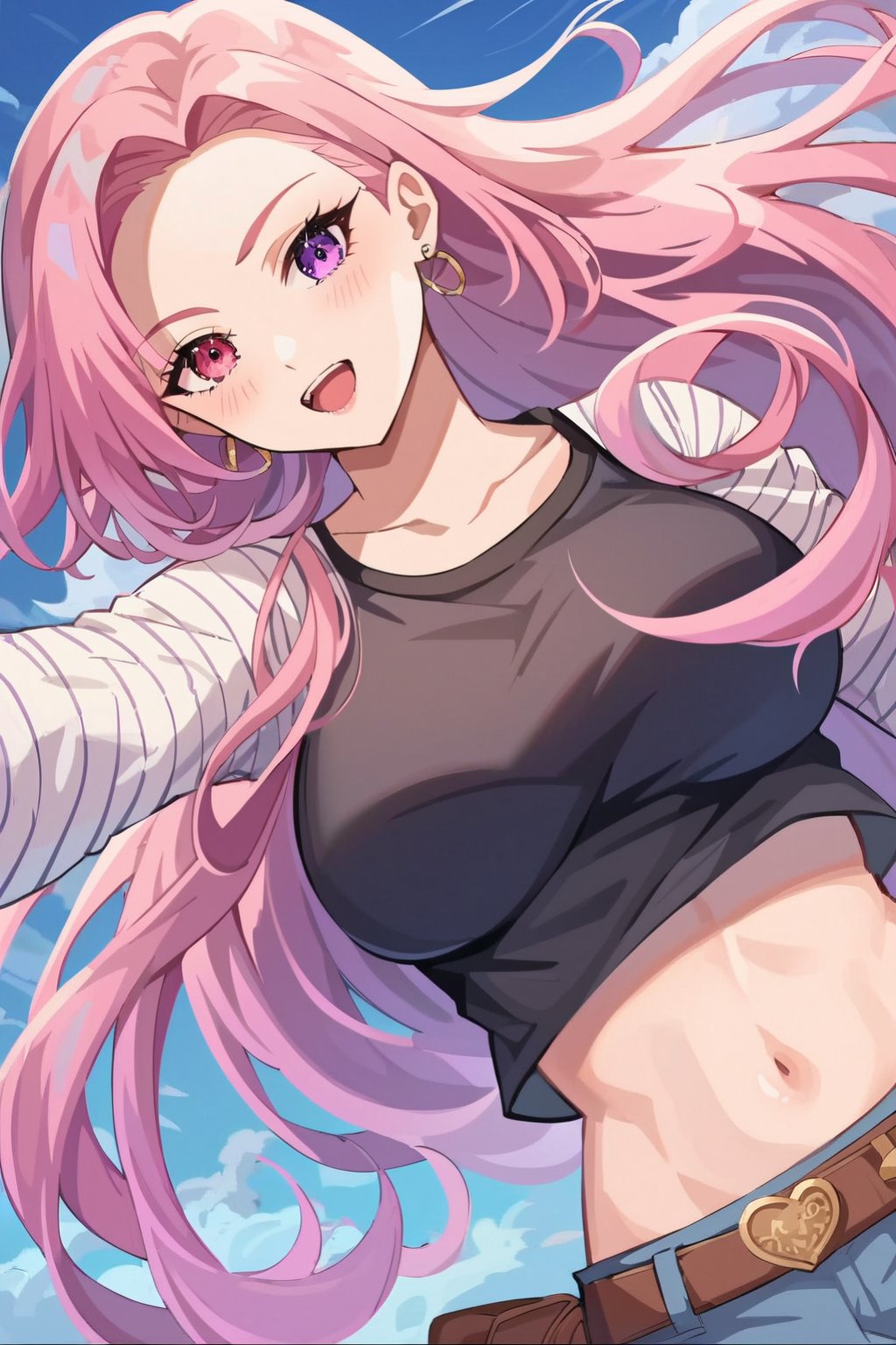 score_9, score_8_up, score_7_up BREAK, anime screencap, anime coloring,source_anime, 1girl,((detailed eyes,pink eye, purple eye, heterochromia, pink hair, ((sidelocks, long hair,bangs hair)), hair ornament)), {{{{blush}}}},looking viewer, {{{dynamic angle, cinematic light,volumetric lighting, shiny skin, best quality, amazing quality, very aesthetic, highres, incredibly absurdres}}}, best quality, amazing quality, very aesthetic, EssieVTXL,(((costume android_18  , clothes android_18,(full_body))))