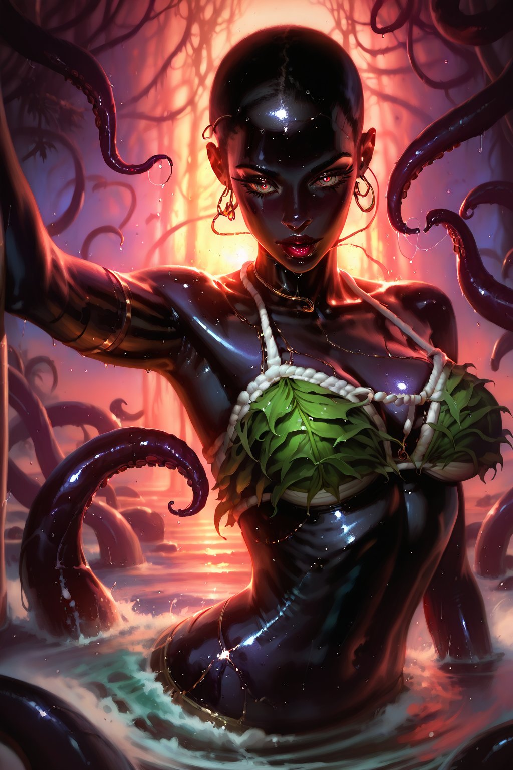 A beautiful all-black squid-woman embraced at sea rock, (all black skin:1.3), detailed tentacles, oyster and seaweed bikini, intricate, highly detailed, amazing wallpaper art of Yoongonji. Heavy-rain and storm is closing, horror dark atmospheric scene, 1rock at stormy ocean, masterpiece, post-processing effects, finely detailed mesmerizing eyes: 1.2, hdr, hyper-realistic, high definition, better_version_at_the_source, better camera angle.