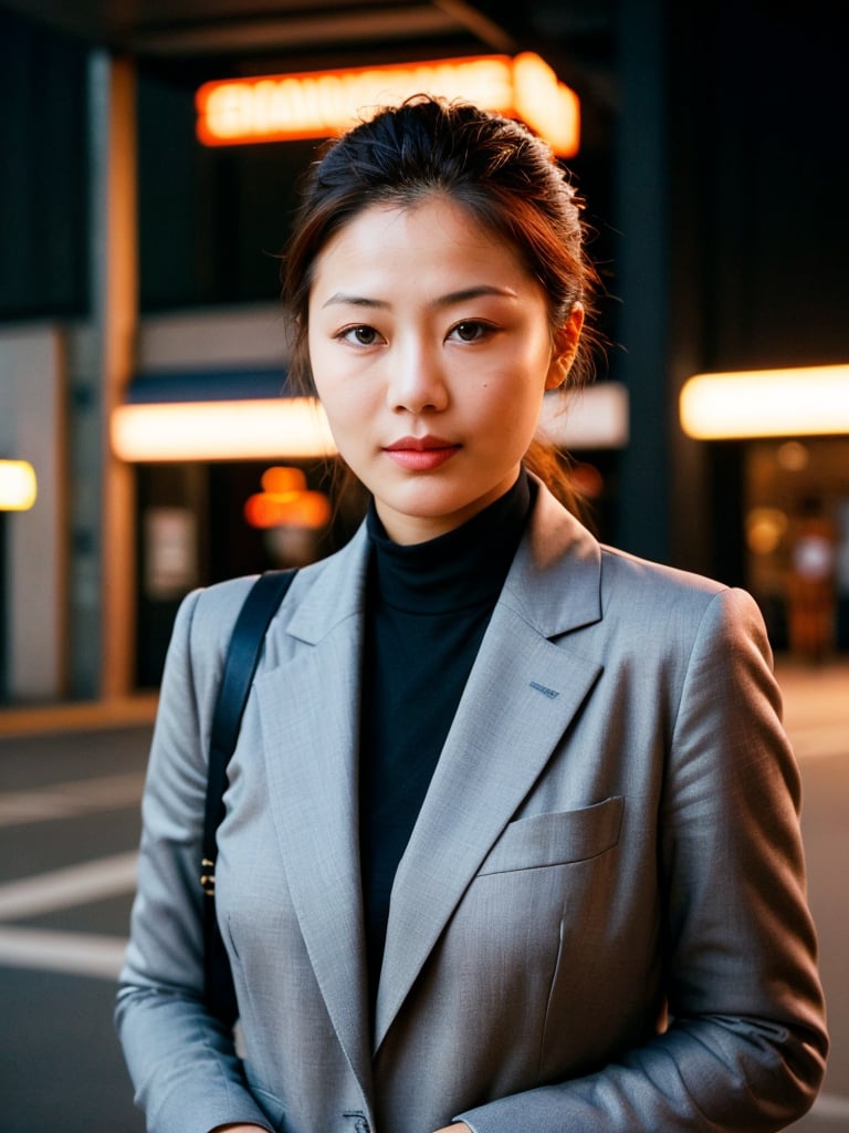 A cinematic masterpiece! Capture a stunning 4K RAW photo of a woman on a street corner at night, bathed in vivid illumination. Utilize the Fujifilm XT3's exceptional low-light capabilities to create an immersive atmosphere with finely detailed skin and natural texture. Employ film grain (1.2) for added depth. Compose the scene with harmonious balance, featuring the subject's mysterious gaze amidst a contrasting cityscape. Masterfully execute a cinematic angle, showcasing the woman's exquisitely detailed face against the dark urban backdrop.