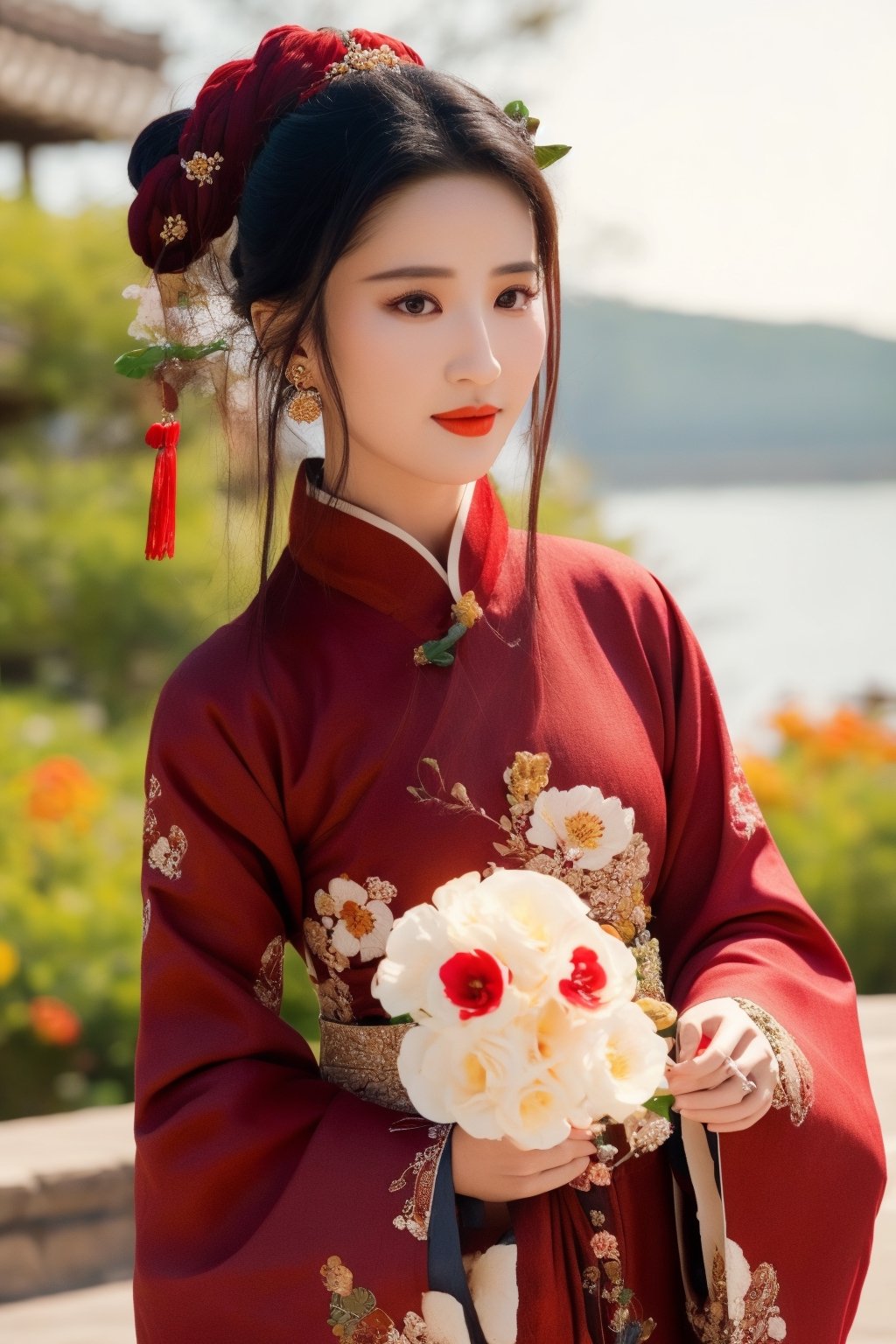 1girl, solo, looking at viewer, black hair, hair ornament, long sleeves, brown eyes, jewelry, upper body, flower, earrings, hair flower, wide sleeves, lips, chinese clothes, realistic, red lips, hanfu