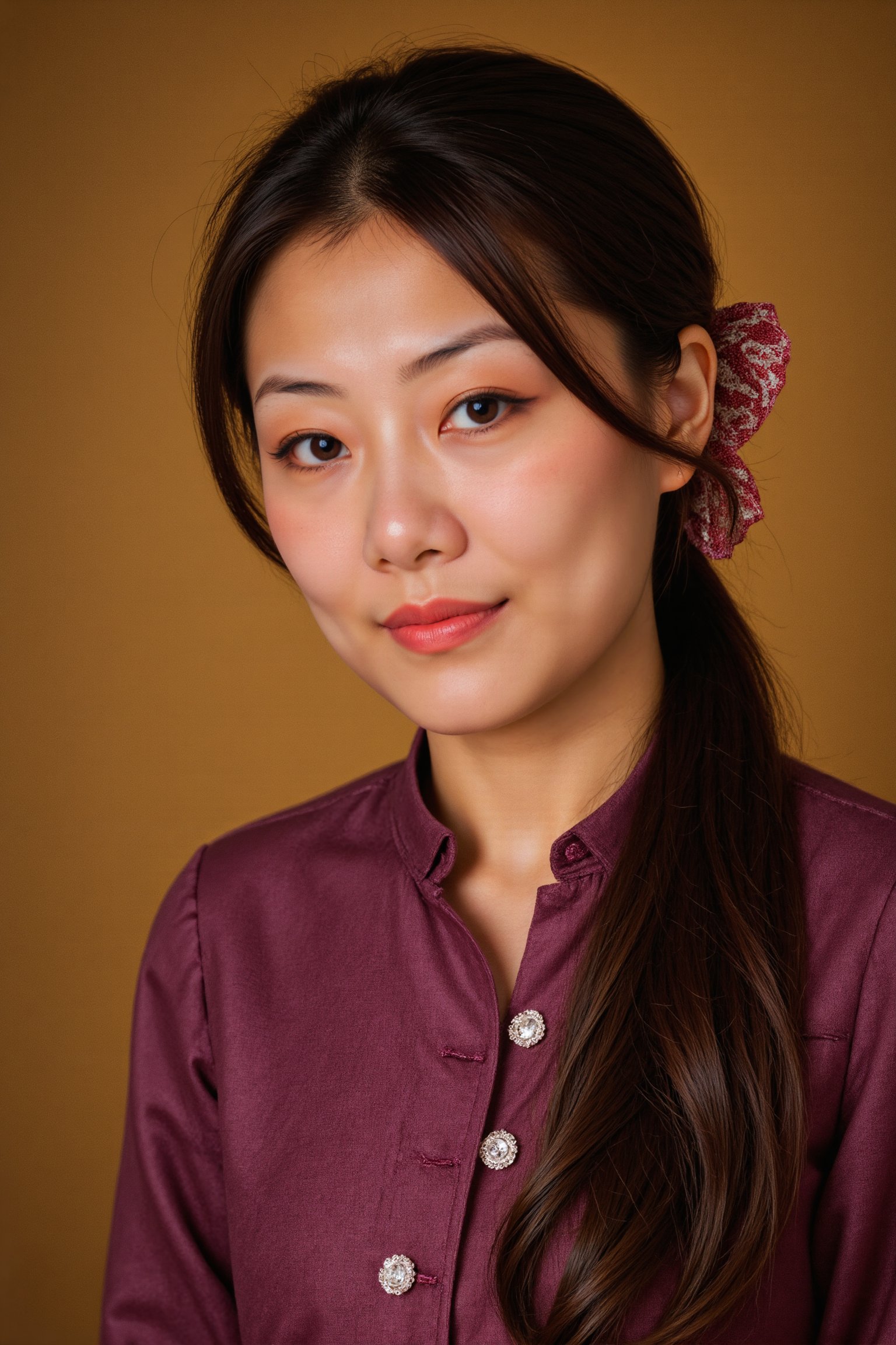 , Fiona, Against a soft, true gradient golden background, a stunning real Japanese woman with long, flowing dark hair, her piercing gaze directly addressing the viewer. Fiona, earrings, jewelry, brown hair, smile, brown eyes, looking at viewer, upper body, High ponytail, Wearing a royal Chinese-style purple luxurious Hanfu with golden trim, A jade hairpin is inserted into the head. lips, simple background, bangs, voice actor, , Realistic photograph, Movie light, film grain, outdoor, dynamic light,