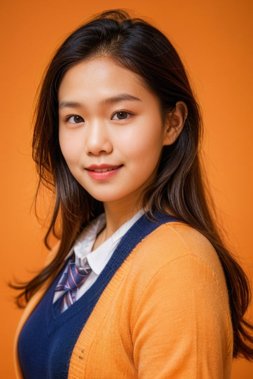 with an orange background, portrait,,school_uniform, 1girl,smile