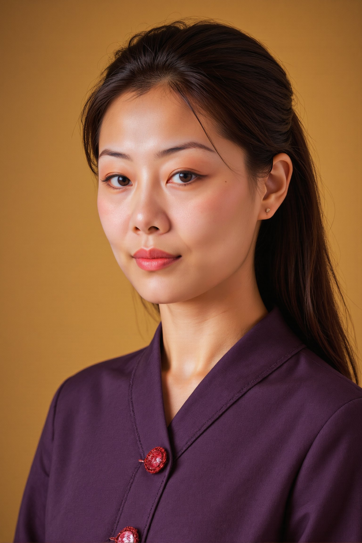 , Fiona, Against a soft, true gradient golden background, a stunning real Japanese woman with long, flowing dark hair, her piercing gaze directly addressing the viewer. Fiona, earrings, jewelry, brown hair, smile, brown eyes, looking at viewer, upper body, High ponytail, Wearing a royal Chinese-style purple luxurious Hanfu with golden trim, A jade hairpin is inserted into the head. lips, simple background, bangs, voice actor, , Realistic photograph, Movie light, film grain, outdoor, dynamic light,