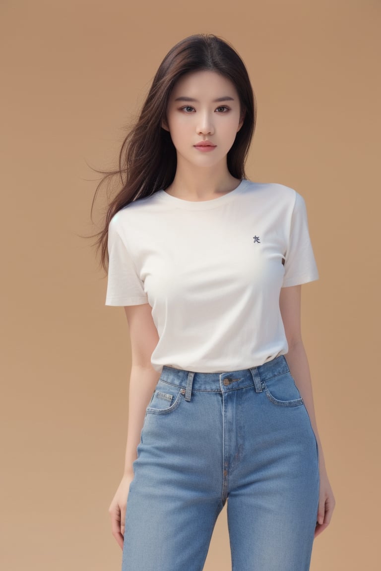 1girl, solo, brown hair, realistic, denim, pants, shirt, jeans, long hair, brown eyes, white shirt, simple background, looking at viewer, short sleeves, lips, t-shirt, cowboy shot, standing, blue pants, nose