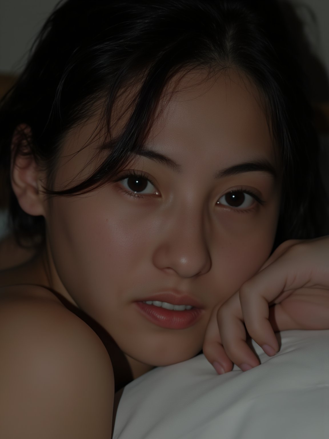  (RAW photo, 4k, realistic, exquisitely detailed skin),masterpiece,best quality,unity 8k wallpaper,ultra detailed,cinematic look,natural skin texture,extremely realistic skin texture,finely detailed face,(film grain:1.2),cinematic angle,Fujifilm XT3,,(highlydetailed),(bright scene),(1girl,IN BED),(detailed lighting),(contrast),(mysterious atmosphere),,vivid illumination,,masterful technique,,harmonious composition,,immersive atmosphere,,stunning visuals,