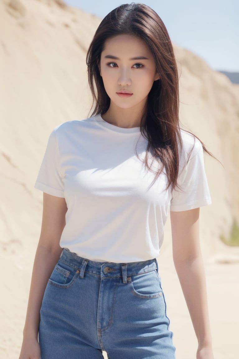 1girl, solo, brown hair, realistic, denim, pants, shirt, jeans, long hair, brown eyes, white shirt, simple background, looking at viewer, short sleeves, lips, t-shirt, cowboy shot, standing, blue pants, nose