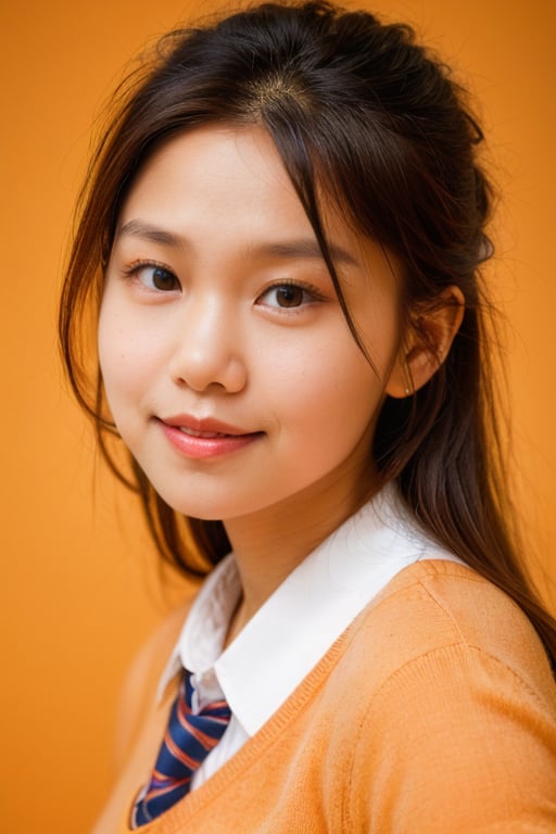 with an orange background, portrait,,school_uniform, 1girl,smile