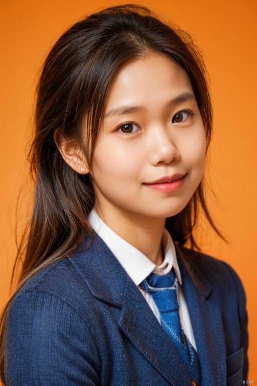 with an orange background, portrait,,school_uniform, 1girl,smile