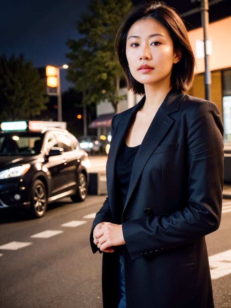 A cinematic masterpiece! A 4K RAW photo captures a stunning, night-time scene on a street corner. A young woman stands at the intersection of two streets, her exquisitely detailed skin illuminated by vivid, contrasting lighting that creates an air of mystery. Her finely detailed face, with natural skin texture and realistic pores, is framed by the Fujifilm XT3's cinematic angle. The film grain effect adds a subtle layer of depth (1.2). The unity of the 8K wallpaper quality ensures an ultra-detailed, immersive atmosphere that draws the viewer in. Masterful technique and harmonious composition create a stunning visual experience.