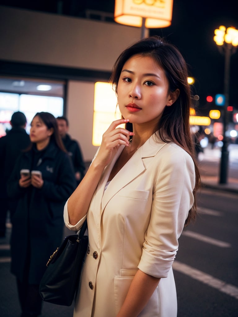 A cinematic masterpiece! Capture a stunning 4K RAW photo of a woman on a street corner at night, bathed in vivid illumination. Utilize the Fujifilm XT3's exceptional low-light capabilities to create an immersive atmosphere with finely detailed skin and natural texture. Employ film grain (1.2) for added depth. Compose the scene with harmonious balance, featuring the subject's mysterious gaze amidst a contrasting cityscape. Masterfully execute a cinematic angle, showcasing the woman's exquisitely detailed face against the dark urban backdrop.