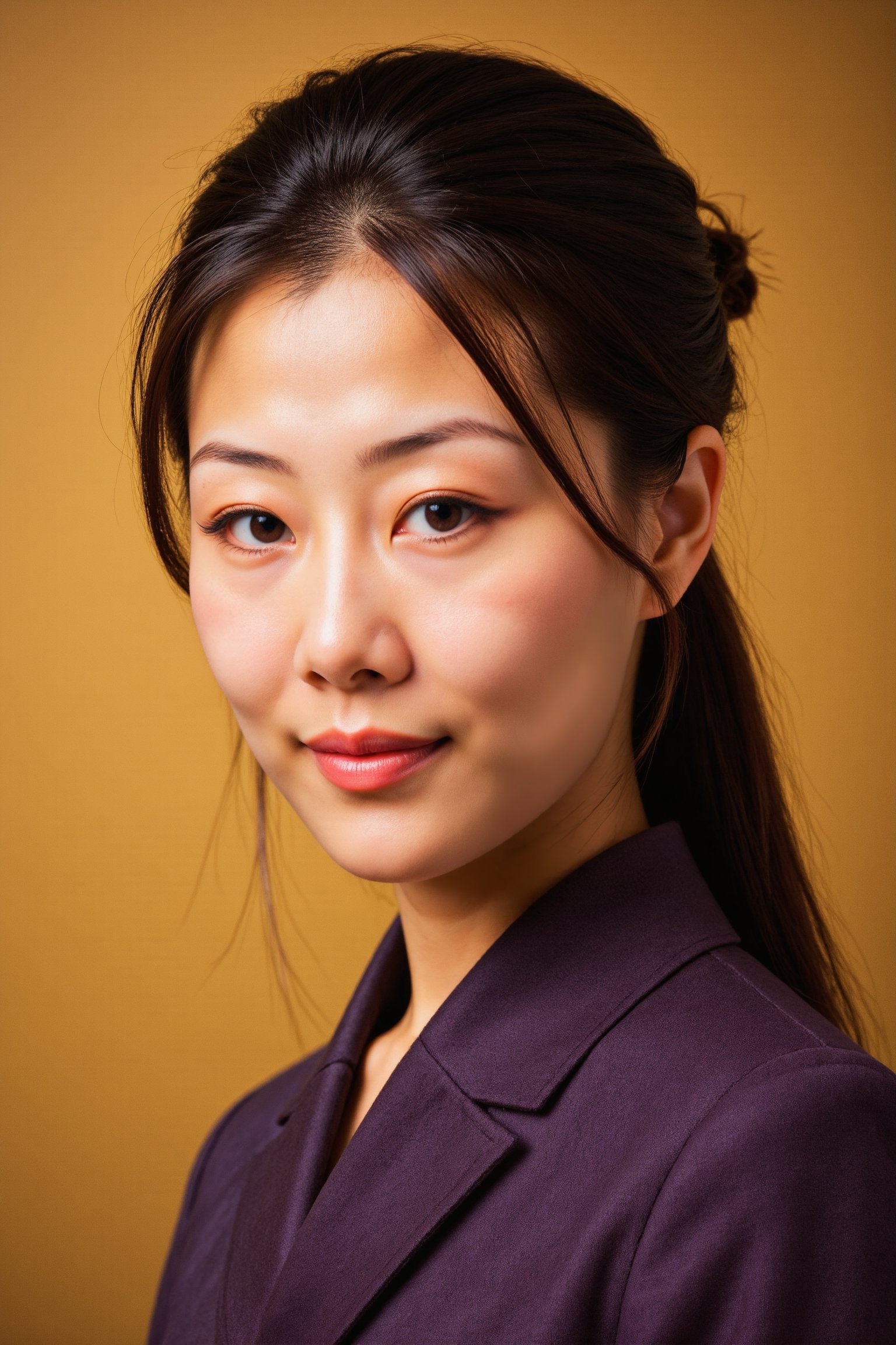 , Fiona, Against a soft, true gradient golden background, a stunning real Japanese woman with long, flowing dark hair, her piercing gaze directly addressing the viewer. Fiona, earrings, jewelry, brown hair, smile, brown eyes, looking at viewer, upper body, High ponytail, Wearing a royal Chinese-style purple luxurious Hanfu with golden trim, A jade hairpin is inserted into the head. lips, simple background, bangs, voice actor, , Realistic photograph, Movie light, film grain, outdoor, dynamic light,