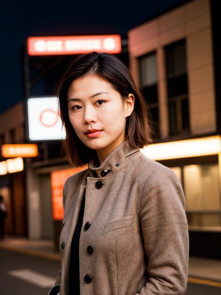 A cinematic masterpiece in 4K RAW, captured with the Fujifilm XT3. A stunningly detailed street corner scene at night, bathed in vivid illumination. Exquisitely realistic skin textures and finely detailed facial features shine under subtle lighting. The subject's mysterious gaze is framed by a harmonious composition, immersing the viewer in an atmosphere of contrast and intrigue. Film grain: 1.2 adds to the overall cinematic look.