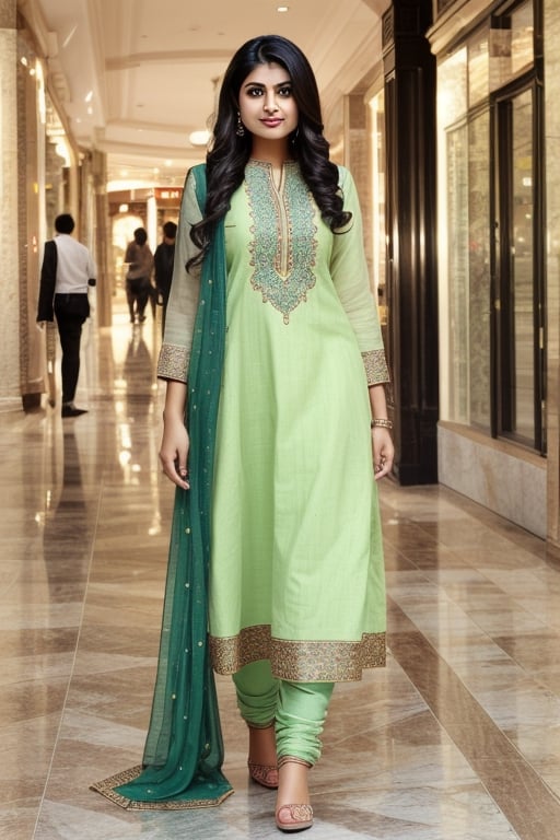 beautiful muslim 19 year old girl,REALISTIC,INDIAN,FEMALE,GIRL,PHOTO, wearing salwar kameez of light green color and walking mall