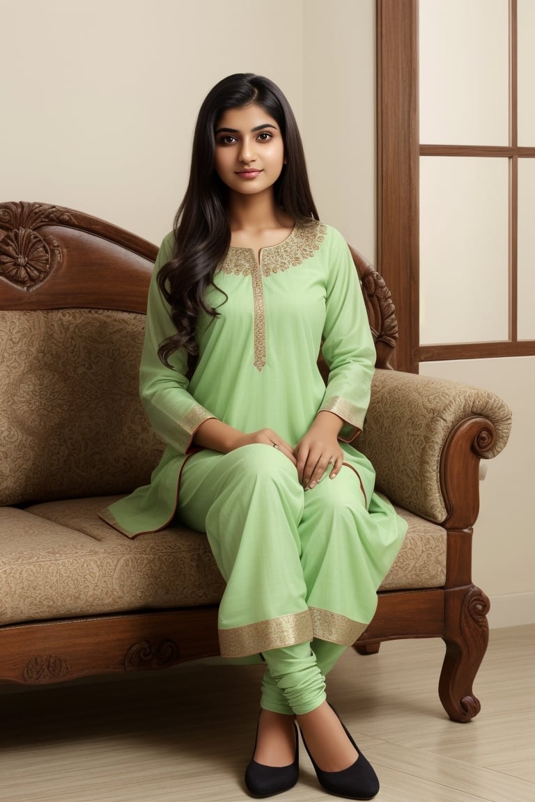 beautiful muslim 19 year old girl,REALISTIC,INDIAN,FEMALE,GIRL,PHOTO, wearing salwar kameez of light green color and sitting in a sofas 