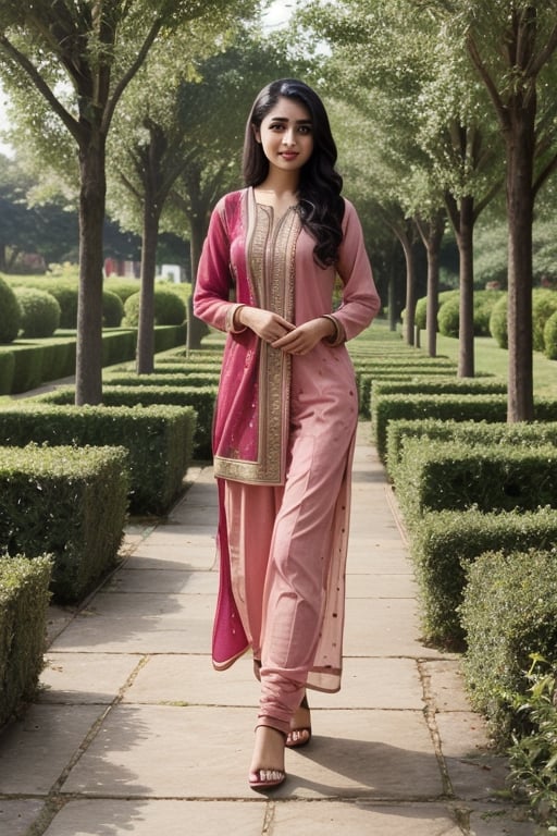 beautiful muslim 19 year old girl,REALISTIC,INDIAN,FEMALE,GIRL,PHOTO, wearing salwar kameez of mix colors, walking in the garden