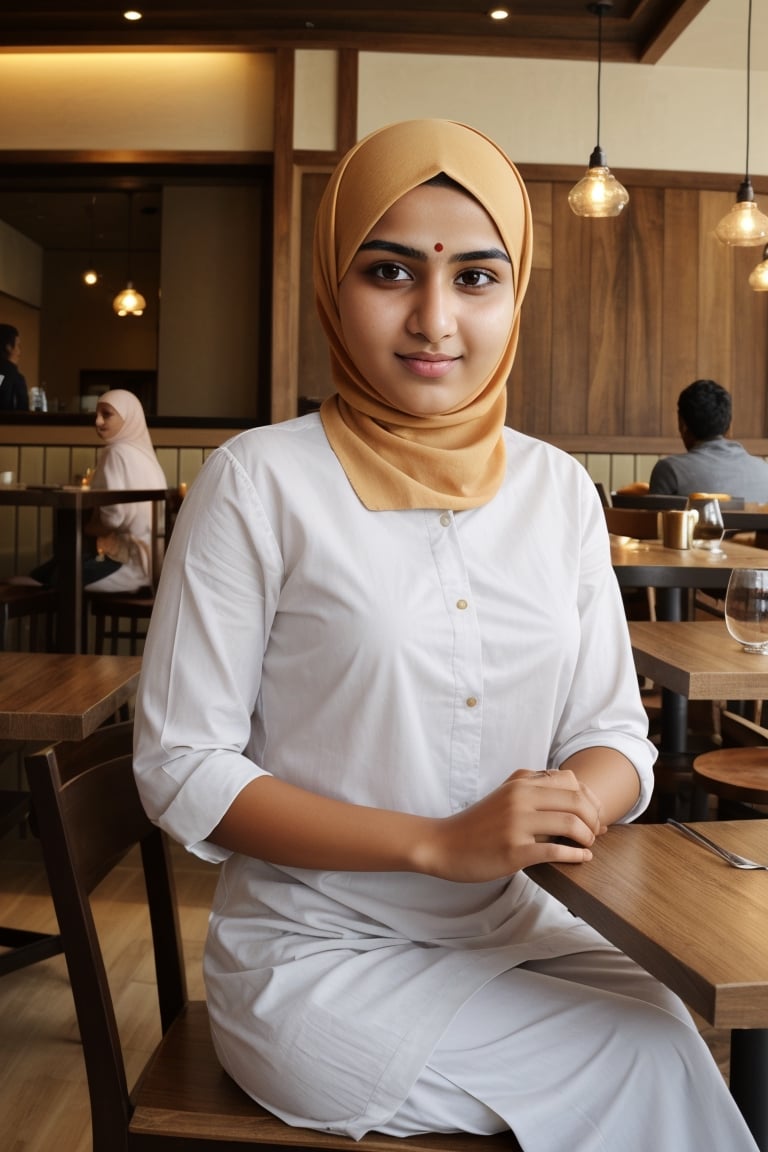  beautiful muslim 19 year old girl,REALISTIC,INDIAN,FEMALE,GIRL,PHOTO, sitting in the restaurant   which is very well design and lot of people ware also present in the restaurant