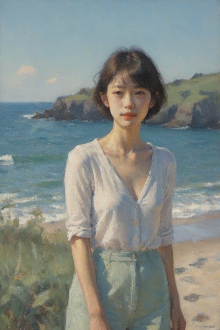 japan girl, Captured in a dramatic, low-key setting, a beautiful model slowly emerges from the green jeju island field, Shadows dance across her pale skin as she steps into the faint, soft sun beam light. Her features are softened, yet her eyes bright as beautiful light. Brushstrokes of ocean blue, white and cool beige swirl around her, ocean, beach, beachwear, swimsuit, short hair, imbuing the atmosphere with an air of intrigue. fine woods, The model's slender form is silhouetted against a light, moody backdrop, as if conjured from the lights themselves., aesthetic portrait, more clean, daytime, :), summer mood, FilmGirl, beach cardigan, cardigan, mouth_open, big smile