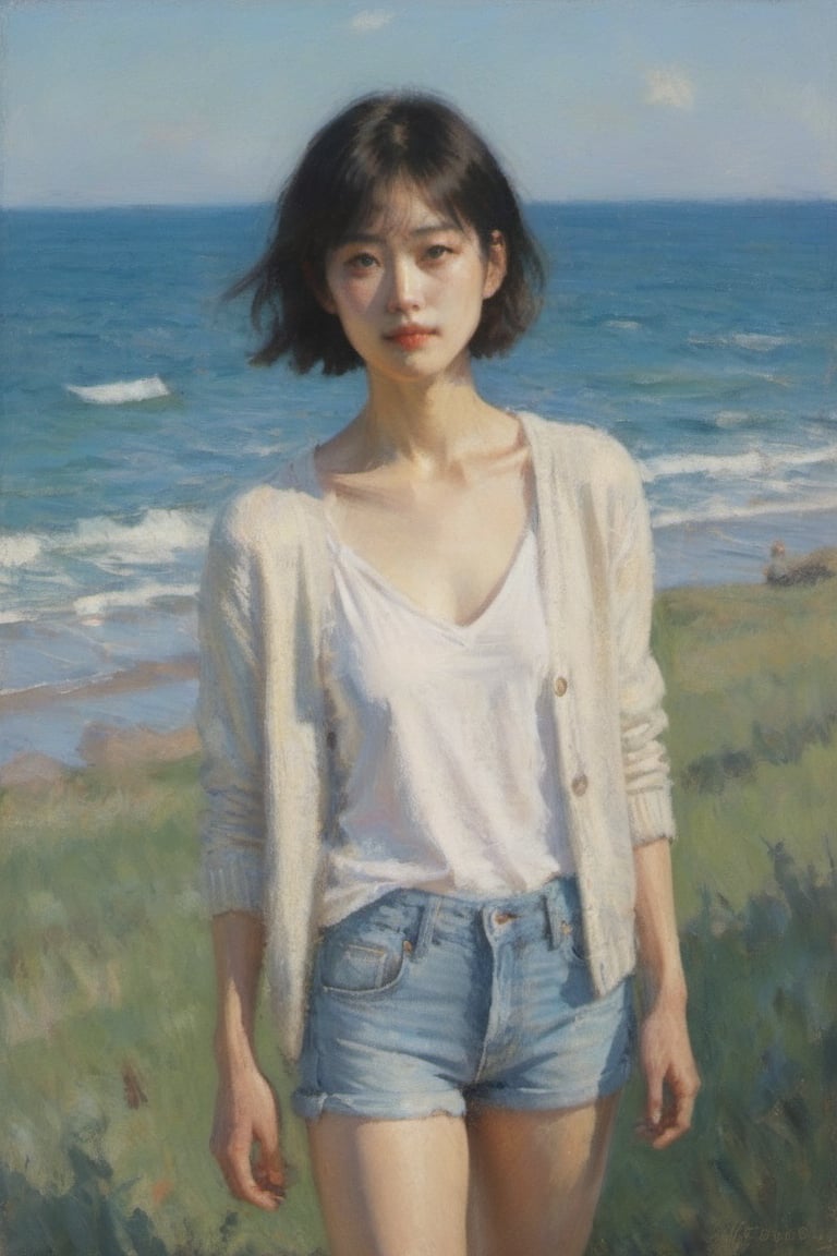 japan girl, Captured in a dramatic, low-key setting, a beautiful model slowly emerges from the green jeju island field, Shadows dance across her pale skin as she steps into the faint, soft sun beam light. Her features are softened, yet her eyes bright as beautiful light. Brushstrokes of ocean blue, white and cool beige swirl around her, ocean, beach, beachwear, swimsuit, short hair, imbuing the atmosphere with an air of intrigue. fine woods, The model's slender form is silhouetted against a light, moody backdrop, as if conjured from the lights themselves., aesthetic portrait, more clean, daytime, :), summer mood, FilmGirl, beach cardigan, cardigan, mouth_open, big smile