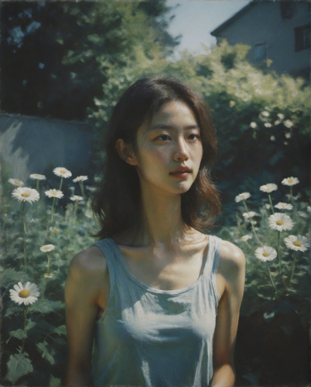 garden, gardner, workwear, garden tools, plants, beautiful korean gardener girl, Captured in a dramatic, low-key setting, a beautiful model slowly emerges from the green jeju island field, Shadows dance across her pale skin as she steps into the faint, soft sun beam light. Her features are softened, yet her eyes bright as beautiful light. Brushstrokes of blue, emerald green, navy blue and cool beige swirl around her, garden, plant, imbuing the atmosphere with an air of intrigue. pretty woods, pretty vase plants, The model's slender form is silhouetted against a light, moody backdrop, as if conjured from the lights themselves., aesthetic portrait, more clean, daytime, :), summer mood, FilmGirl, mouth_open, big smile