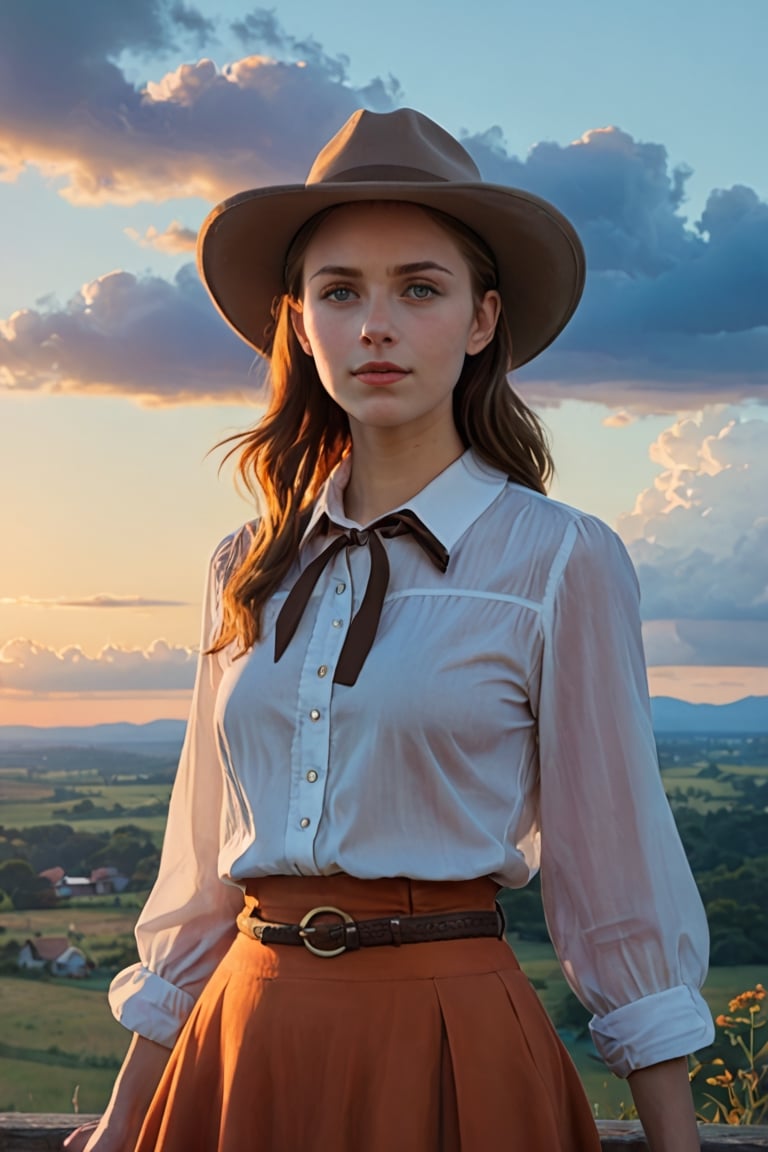 (best quality, masterpiece:1.2), style of Bo Bartlett, studio ghibli, outdoors, magical realism, translucent, volumetric lighting, dark colors, film grain, 1girl, solo, long skirt, looking at viewer, brown skirt, blue eyes, cat, shirt, sky, sunset, white shirt, orange sky, hand on headwear, orange theme, medium hair, twilight, yellow hat, parted lips, cowboy shot, hat, cloud,sun hat, smile, long sleeves, cloudy sky, skirt, 