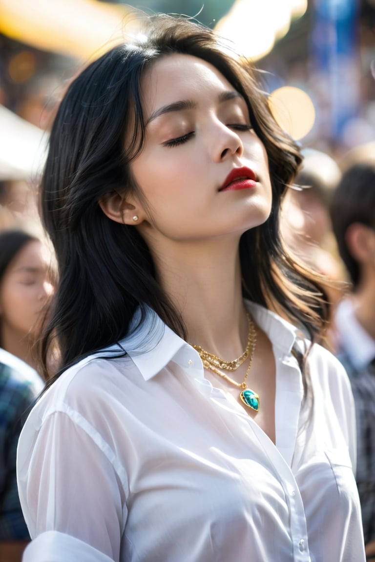 1girl, long hair, looking at viewer, shirt, black hair, jewelry, closed eyes, white shirt, upper body, solo focus, necklace, blurry, lips, blurry background, crowd